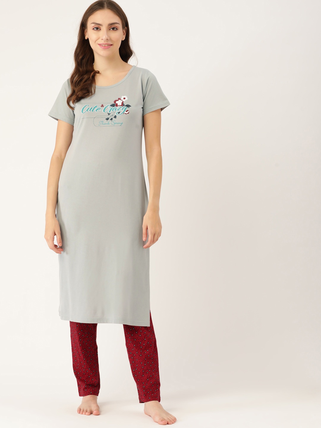 

BROOWL Women Grey & Maroon Printed Pure Cotton Night suit
