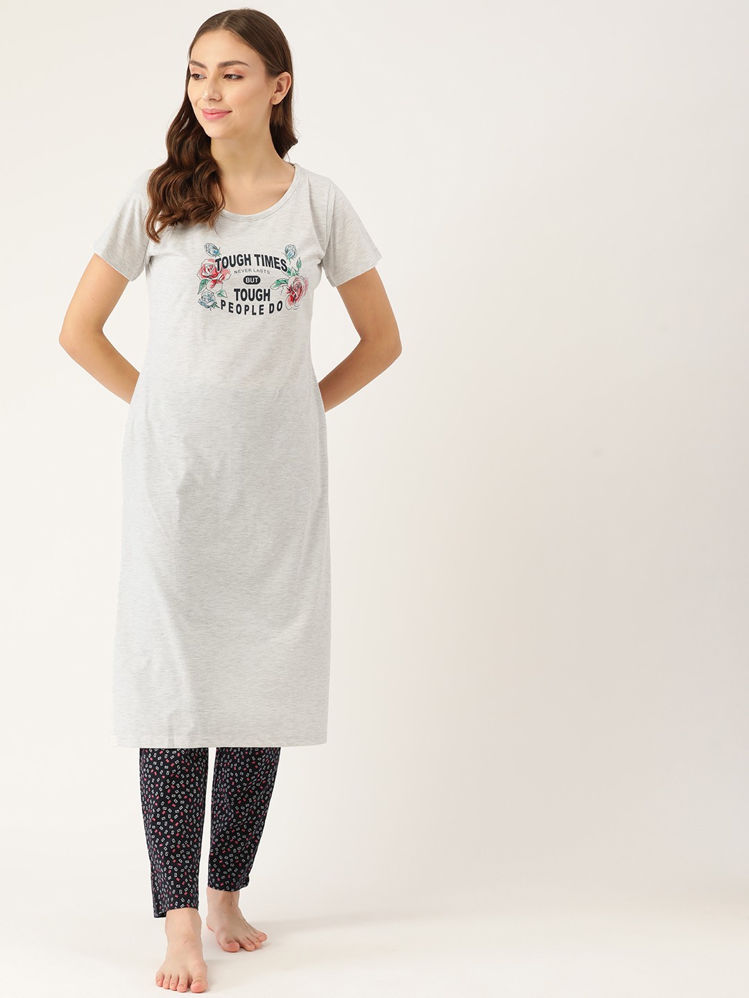 

BROOWL Women Grey & Navy Blue Printed Pure Cotton Night suit