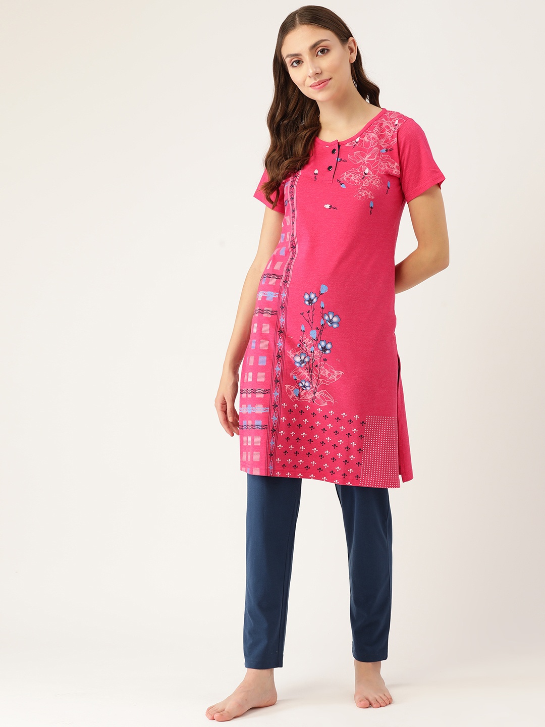 

BROOWL Women Pink & Teal Printed Pure Cotton Night suit