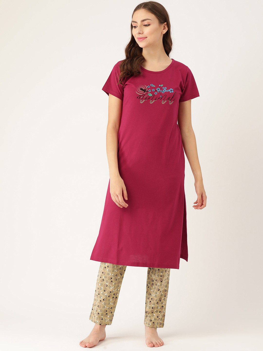 

BROOWL Women Red & Cream-Coloured Printed Pure Cotton Night suit