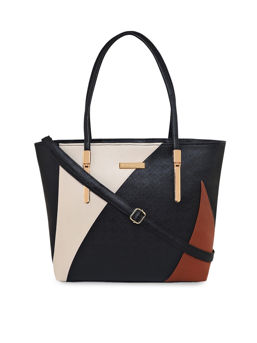 GIORDANO Black & Beige Colourblocked PU Structured Shoulder Bag