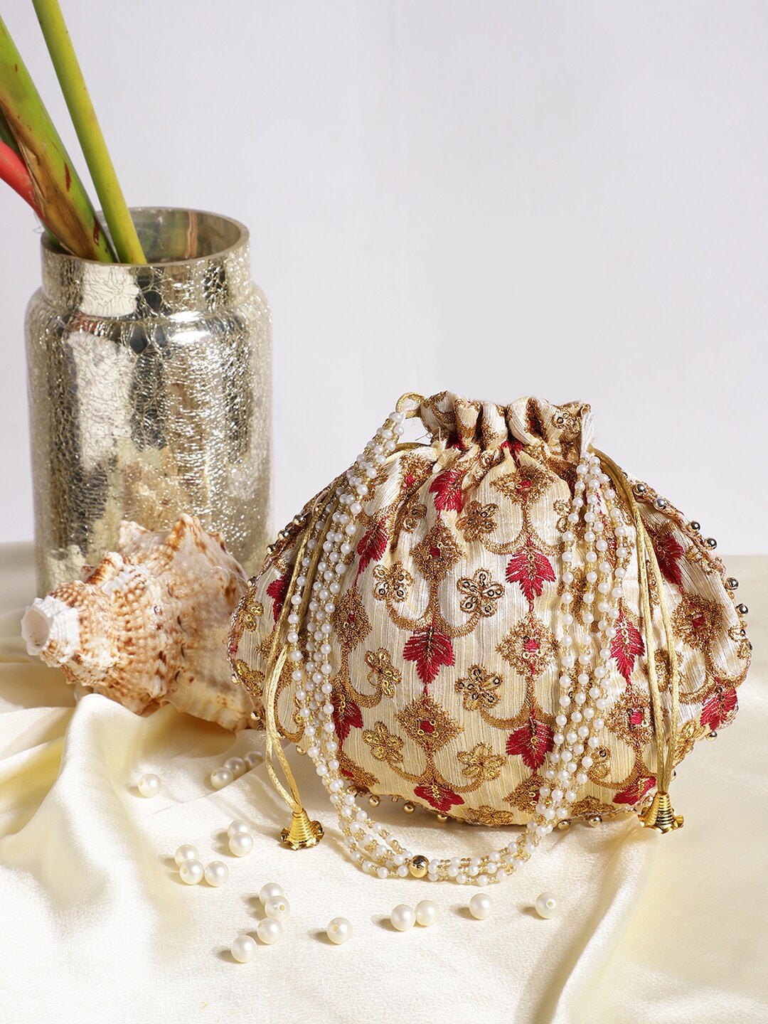 

Athena Red & Beige Printed Embroidered Potli Clutch