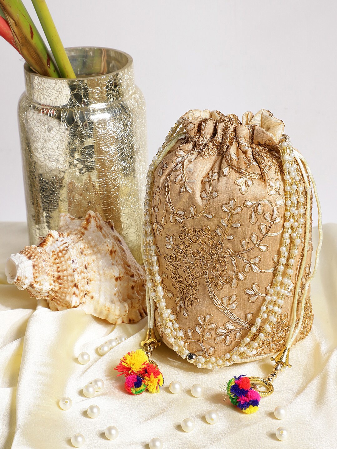 

Athena Golden & White Printed Embroidered Potli Clutch, Gold