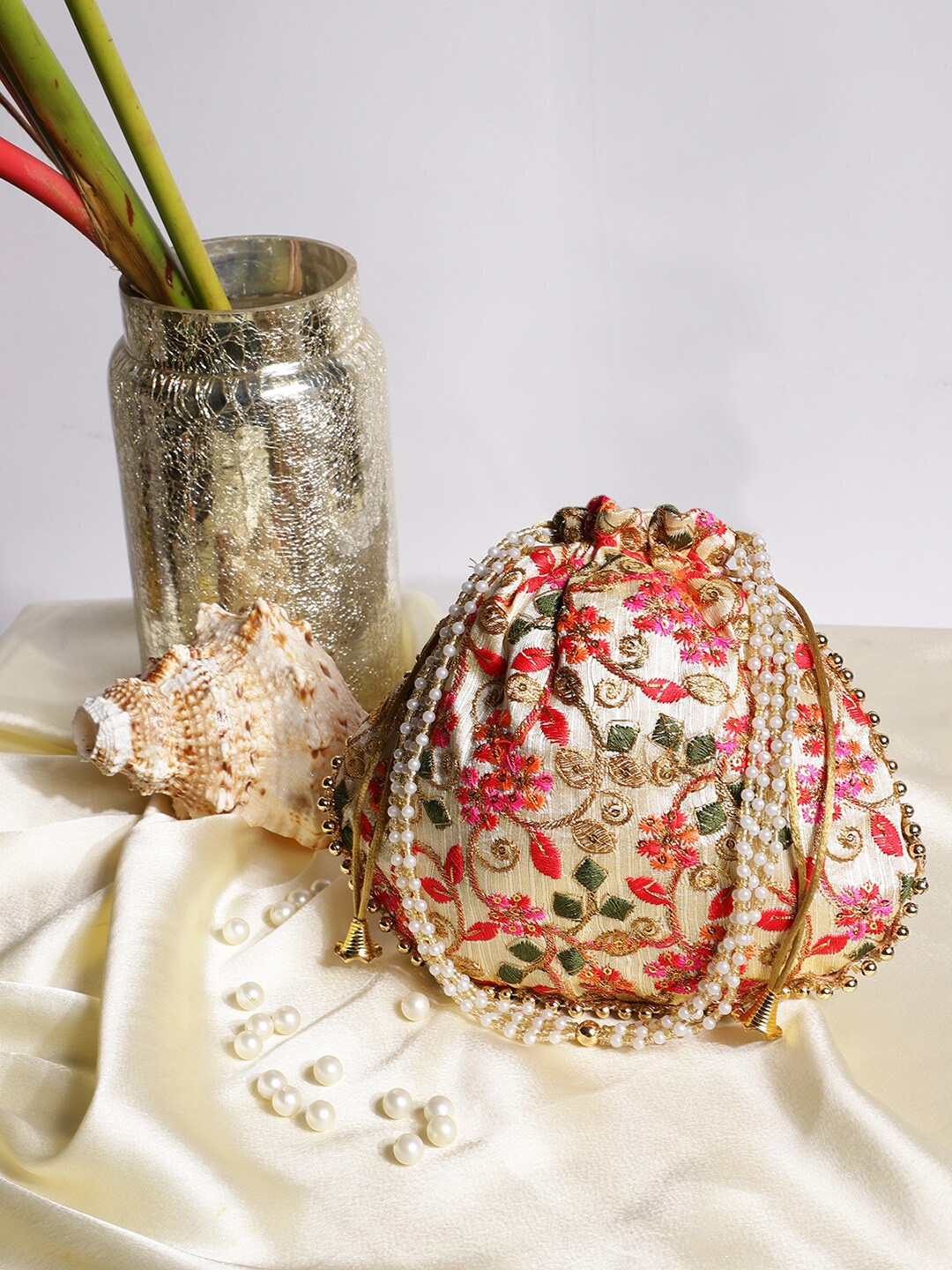 

Athena Red & Gold-Toned Embroidered Potli Clutch