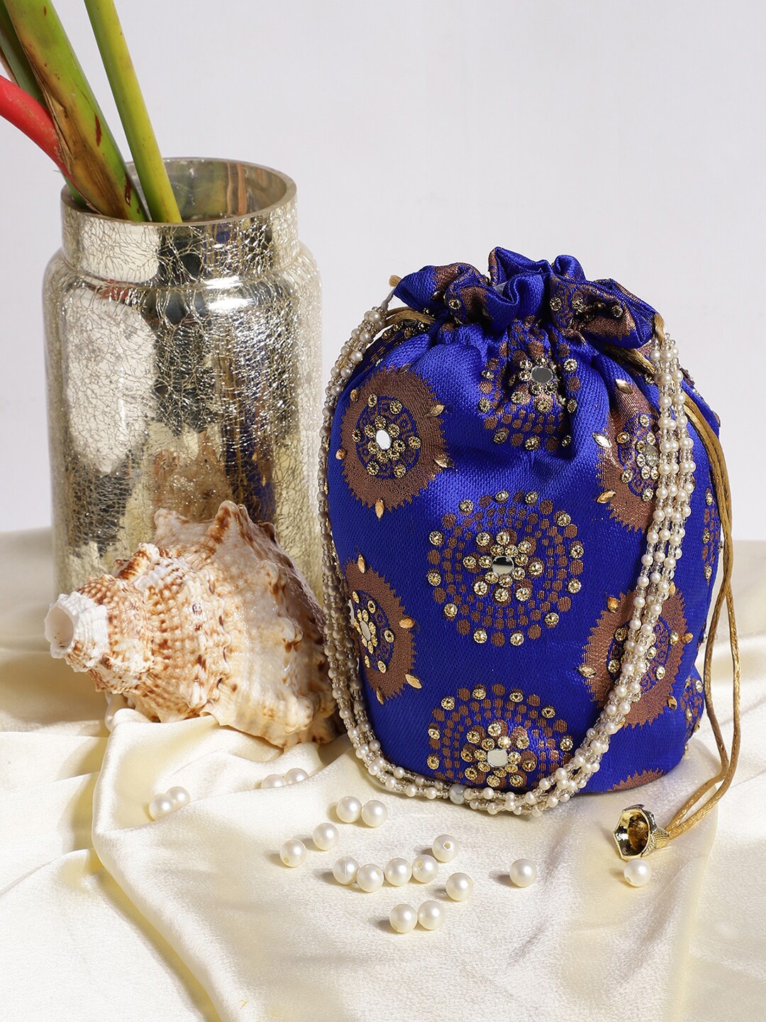 

Athena Blue & Gold-Toned Embroidered Potli Clutch