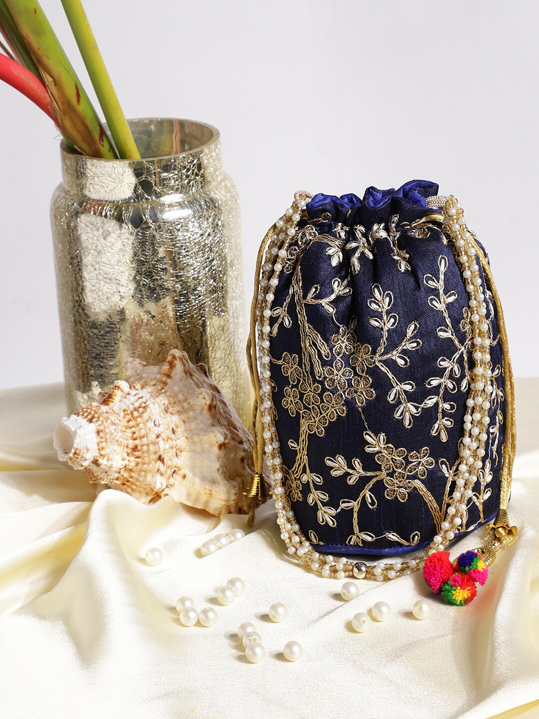 

Athena Women Navy Blue & Gold-Toned Embroidered Potli Clutch