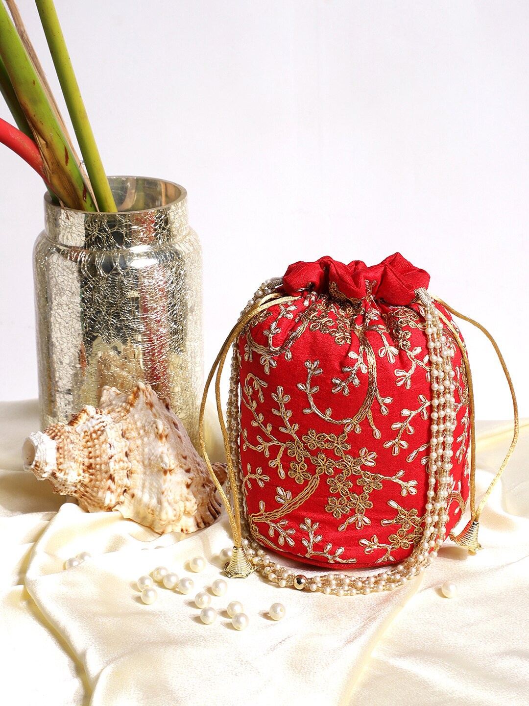 

Athena Red & Gold-Toned Embroidered Potli Clutch