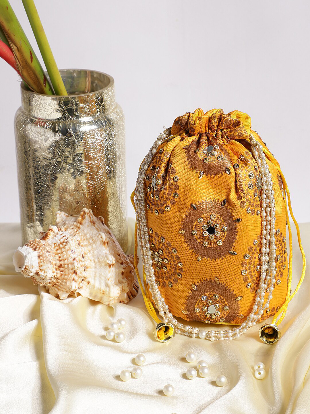

Athena Women Mustard Yellow & Gold-Toned Embroidered Potli Clutch