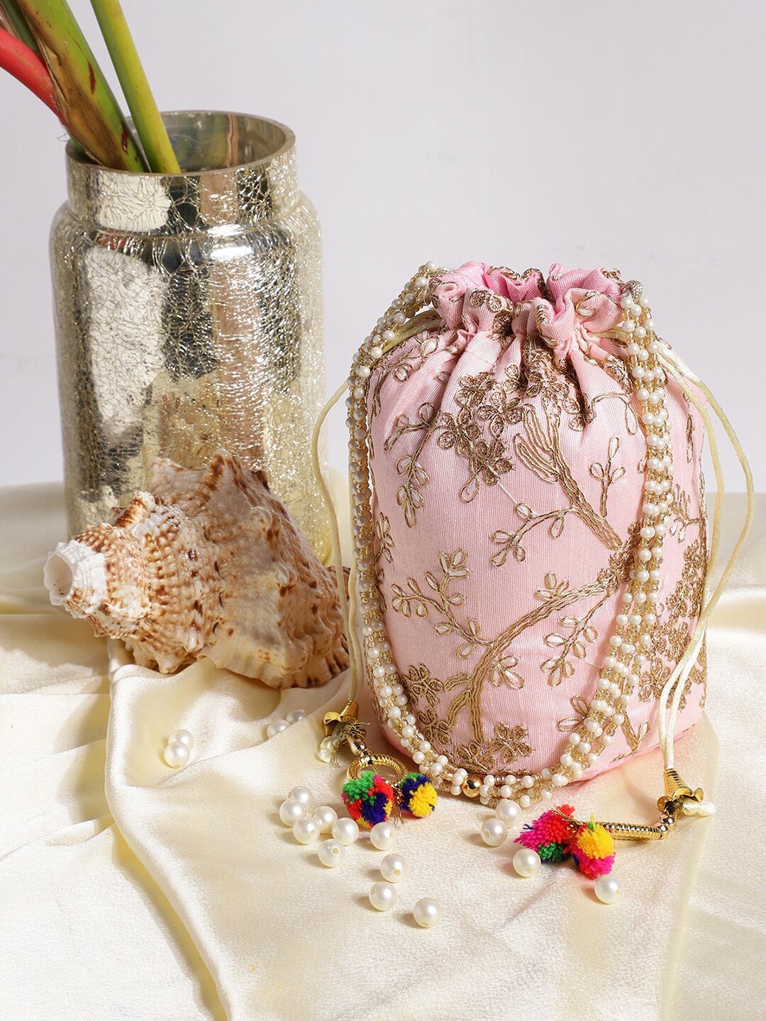 

Athena Pink & Gold-Toned Embroidered Potli Clutch