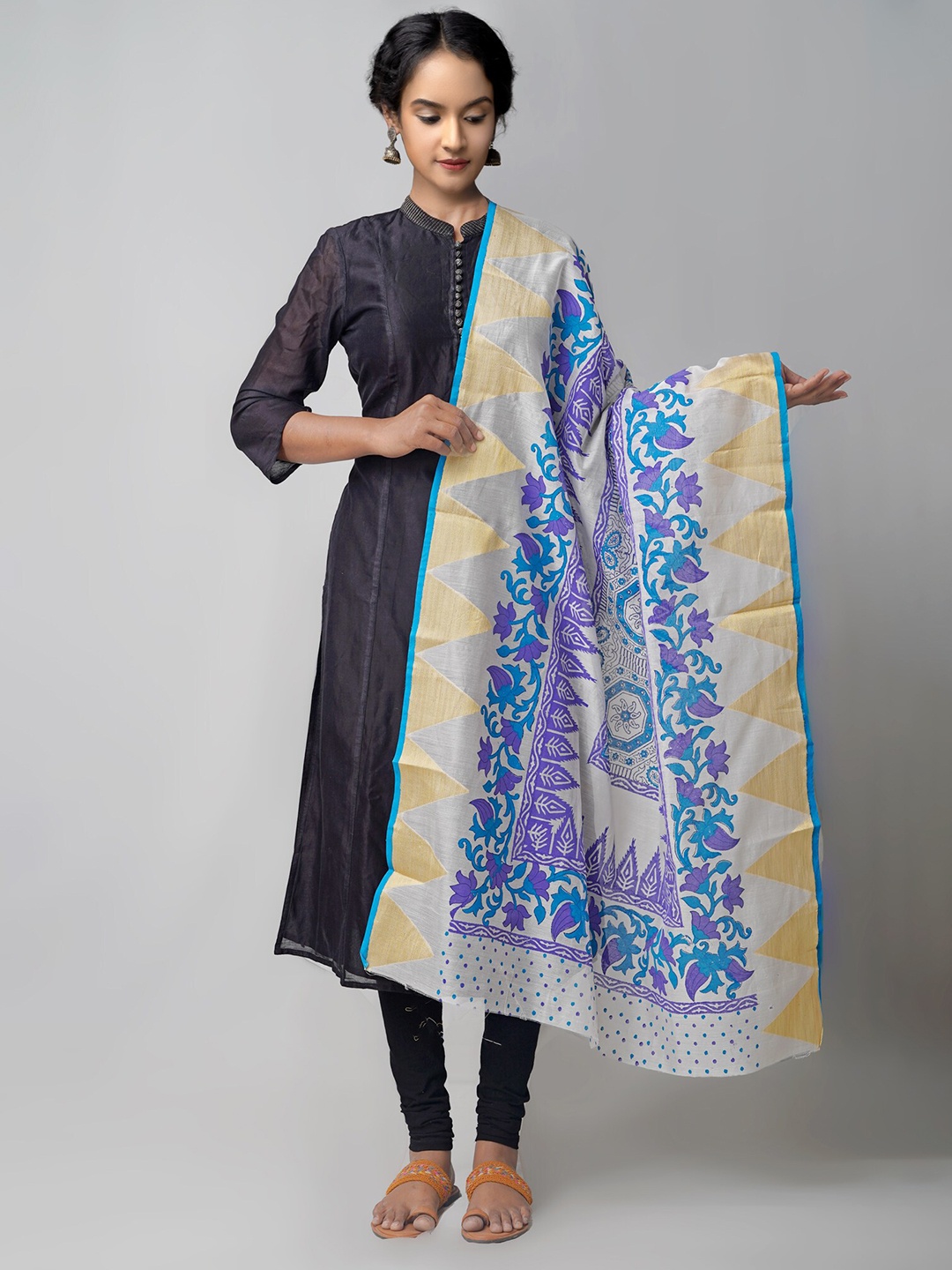 

Unnati Silks Cream-Coloured & Blue Ethnic Motifs Printed Block Print Chanderi Sico Dupatta