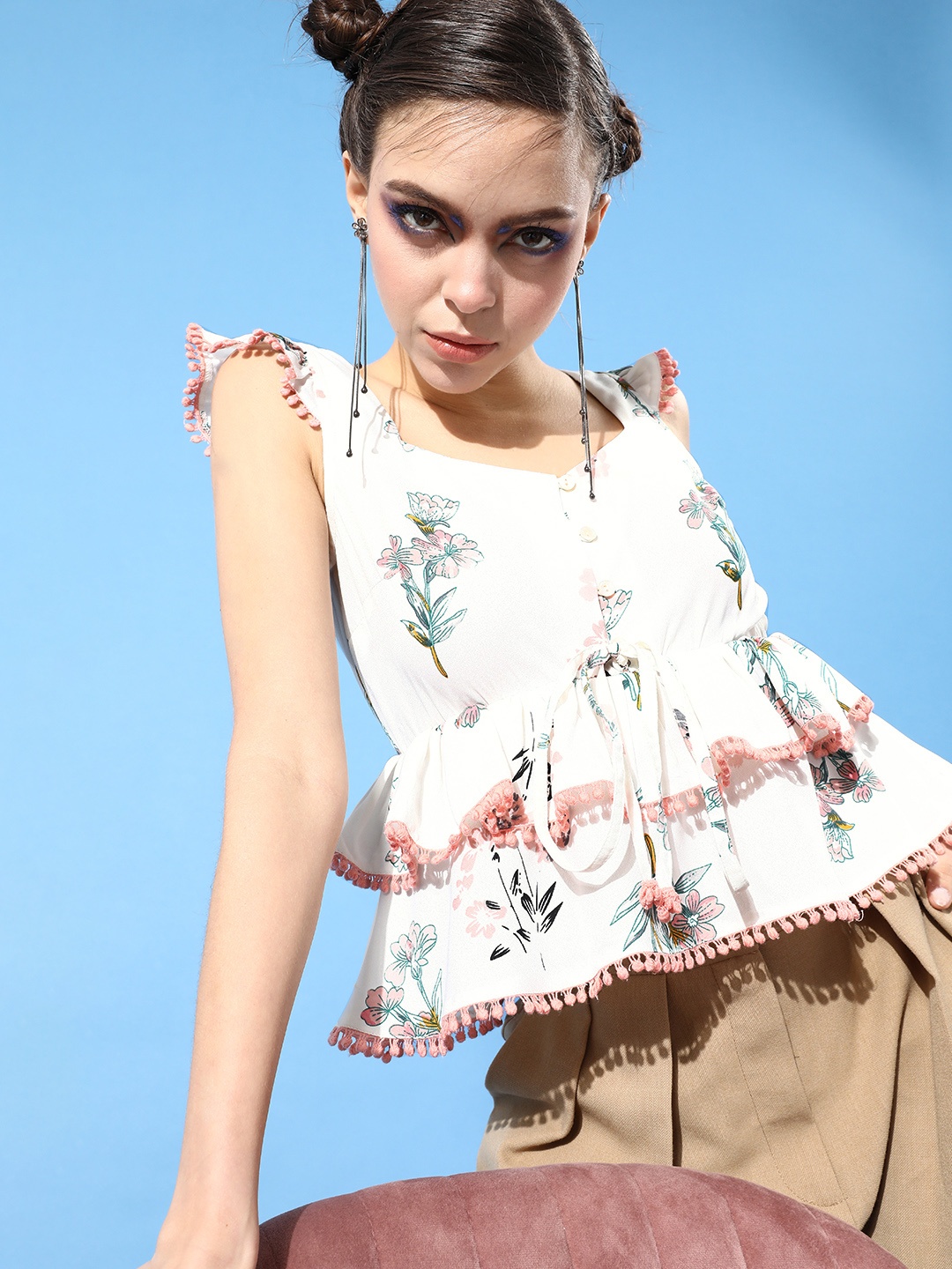 

KASSUALLY Women Beautiful Off-White Floral Volume Play Top