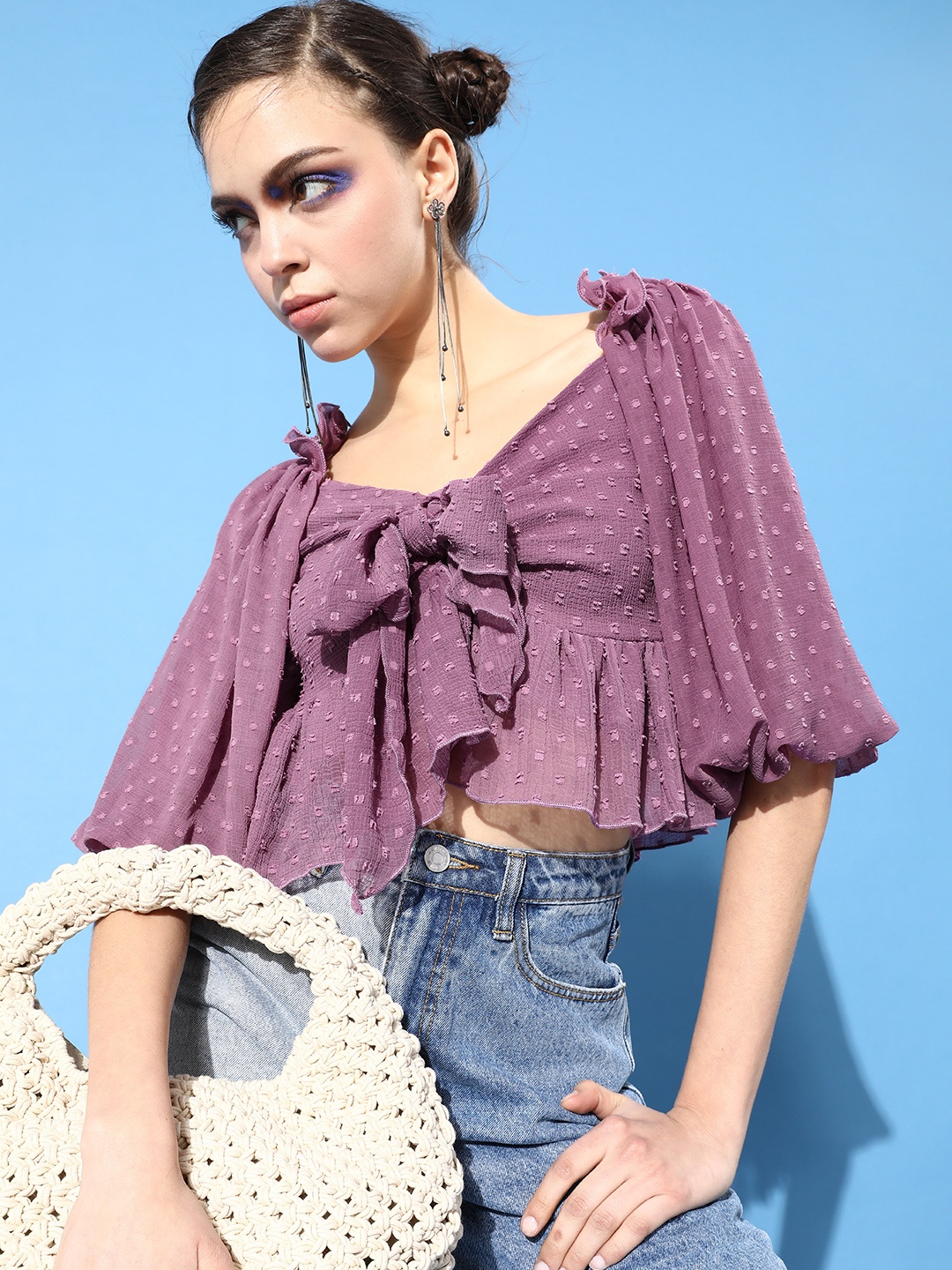 

KASSUALLY Women Charming Purple Self-Design Volume Play Top