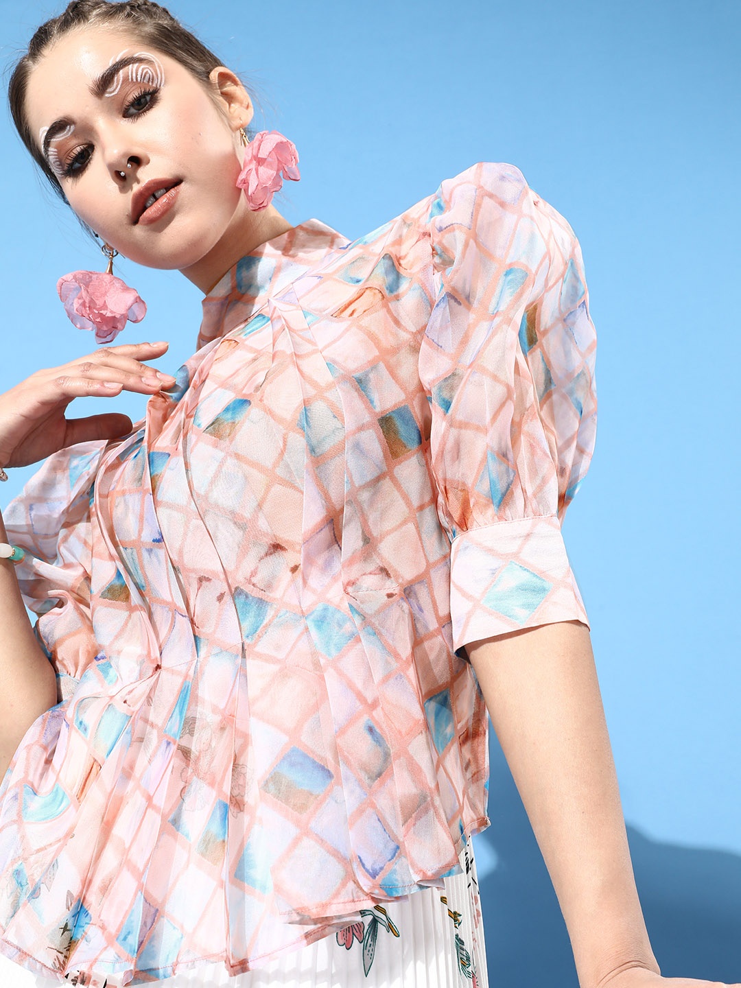 

KASSUALLY Women Attractive Peach Geometric Sheer Top