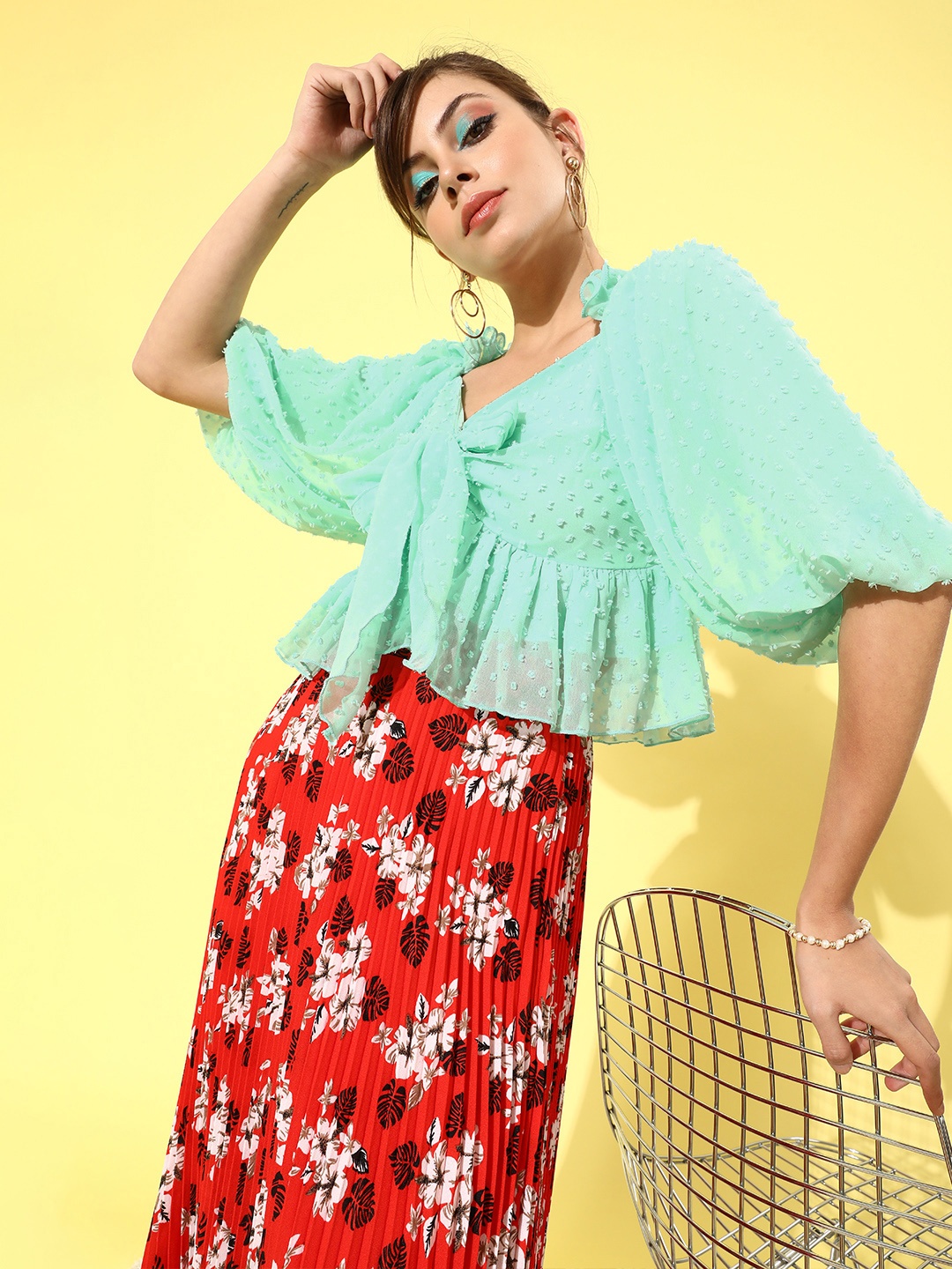 

KASSUALLY Women Gorgeous Green Self-Design Volume Play Top