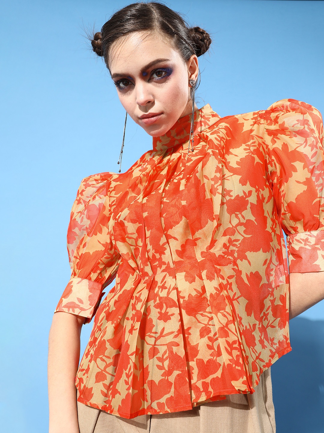 

KASSUALLY Women Stylish Mustard Floral Volume Play Top