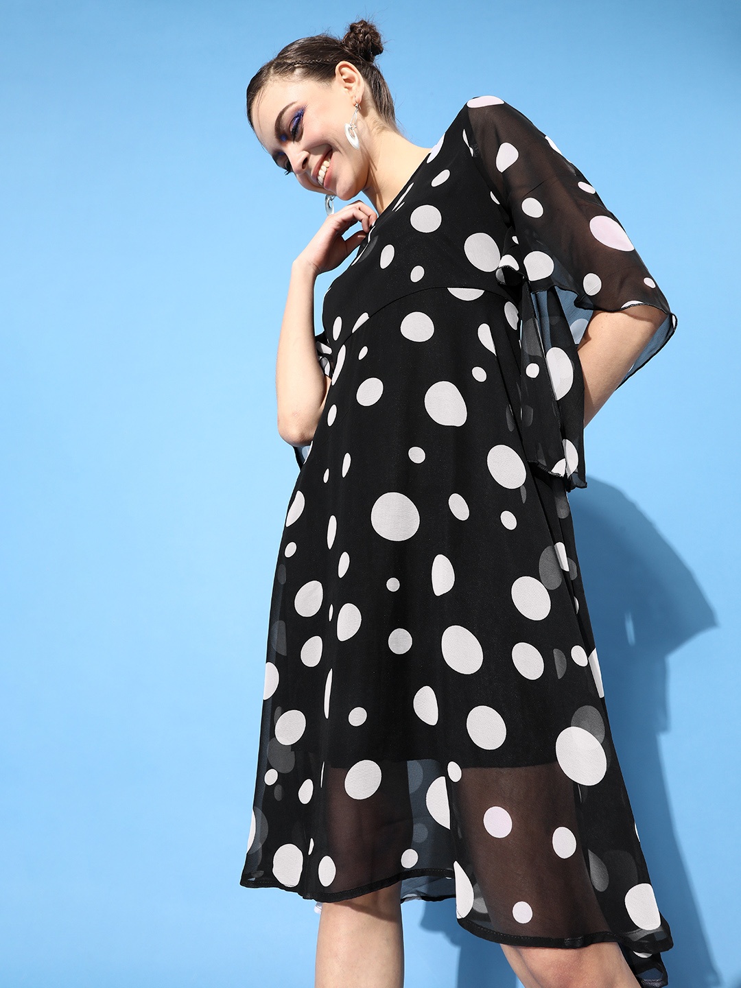 

KASSUALLY Women Stylish Black Polka-Dotted Volume Play Dress