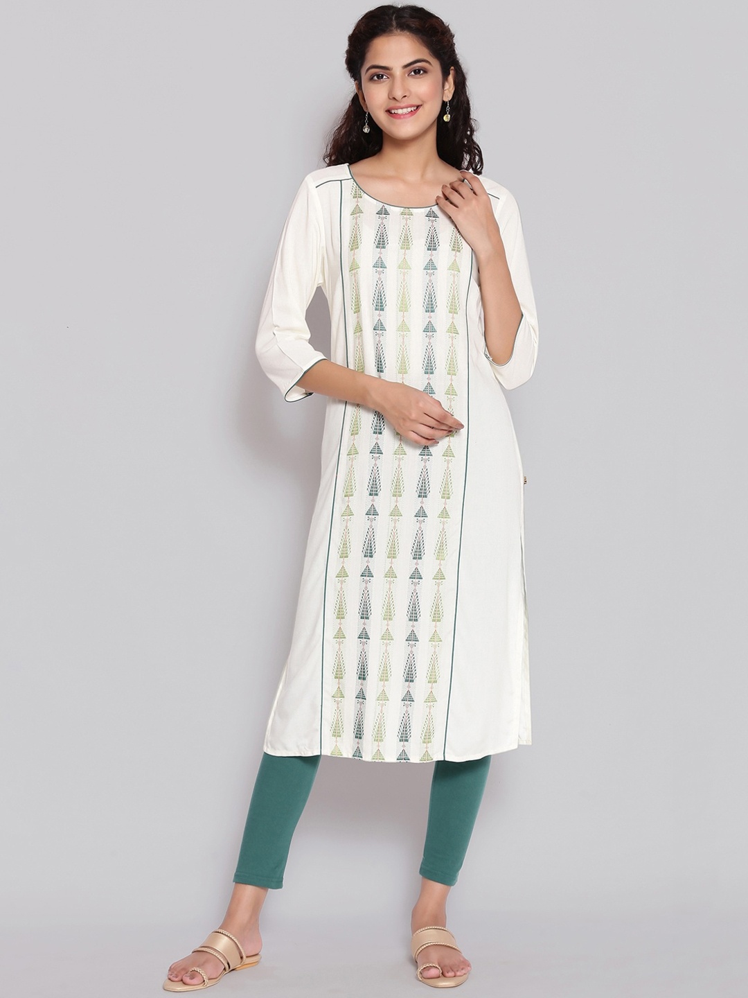 AURELIA Women Off White & Teal Ethnic Motifs Printed Kurta