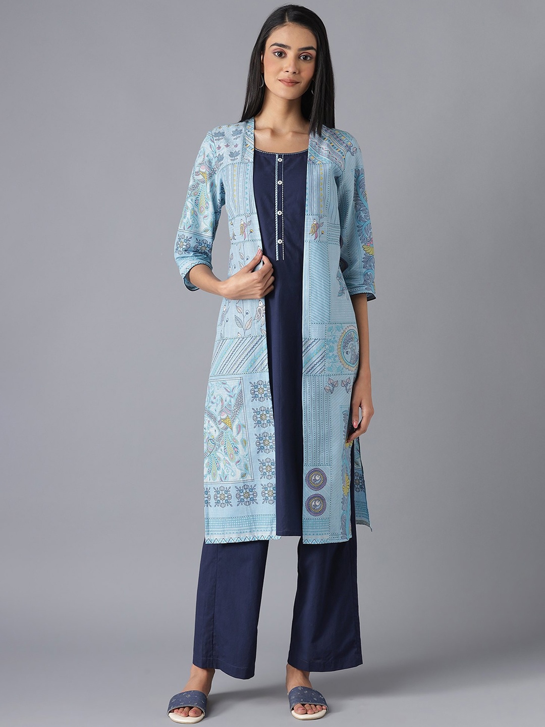 

AURELIA Women Blue Floral Printed Pure Cotton Kurta with Palazzos Set