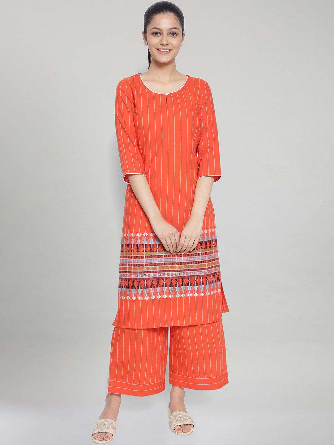 

AURELIA Women Orange & Blue Striped Pure Cotton Kurta with Palazzos
