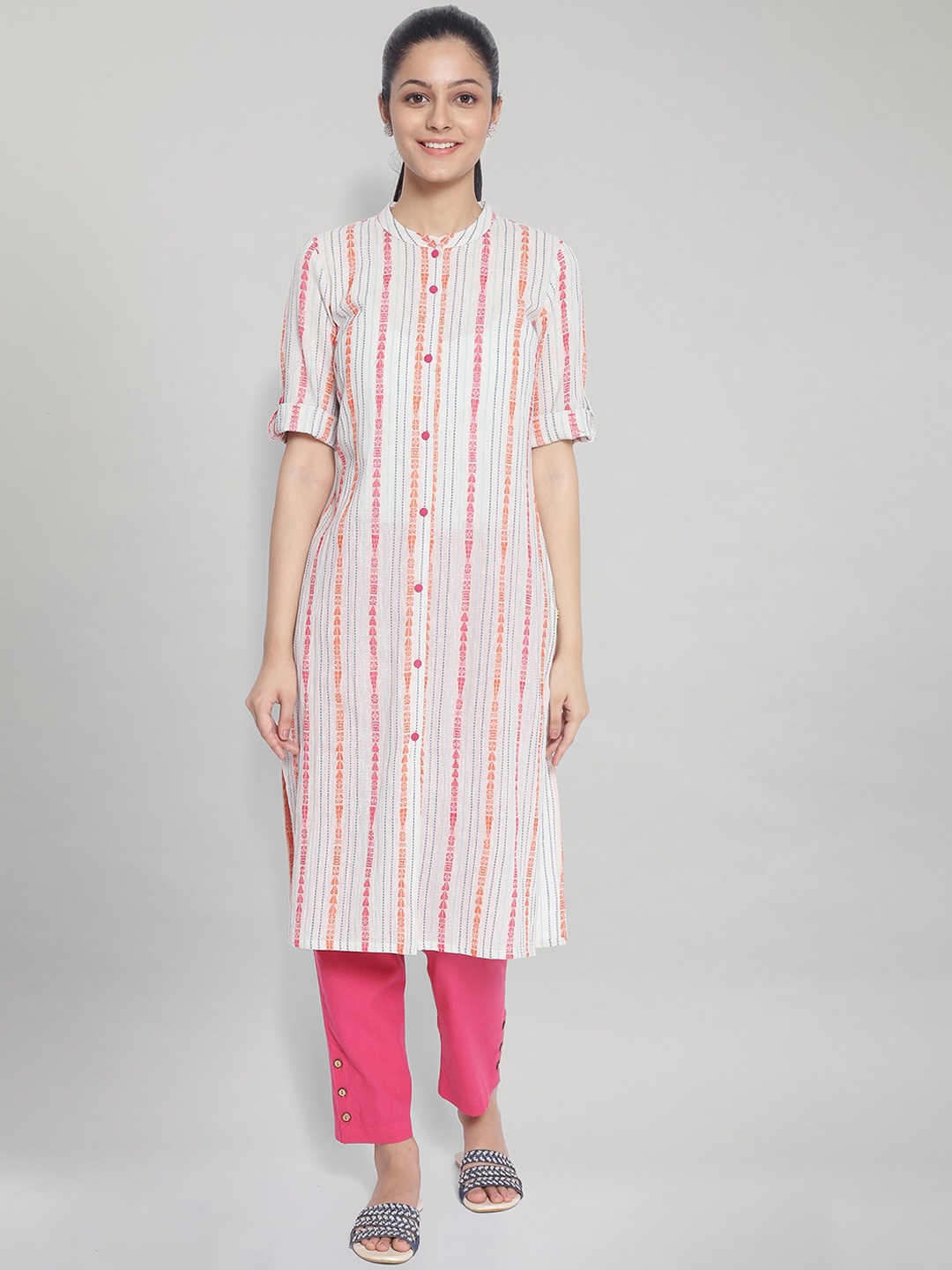

AURELIA Women Pink Striped Pure Cotton Kurta with Trousers