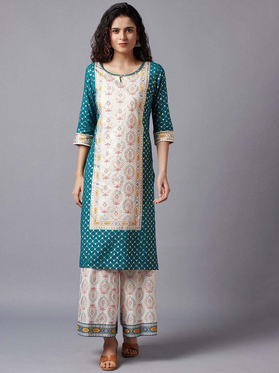 

AURELIA Women Teal Green & White Ethnic Motifs Printed Keyhole Neck Kurta