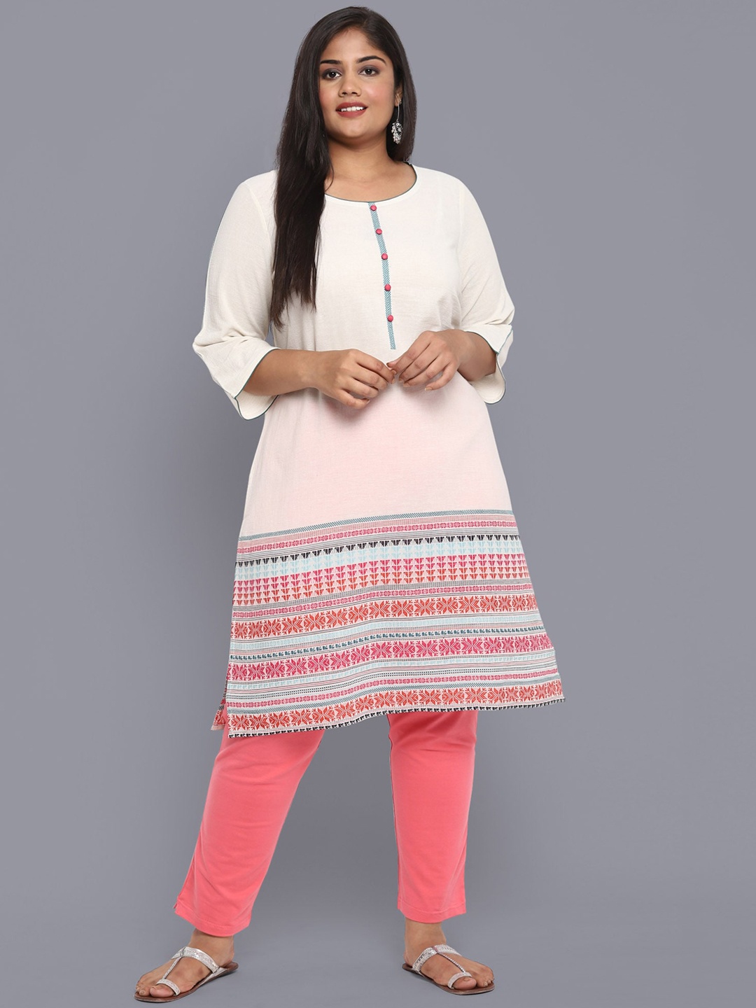 

AURELIA Women Plus Size Cream-Coloured Printed Kurta
