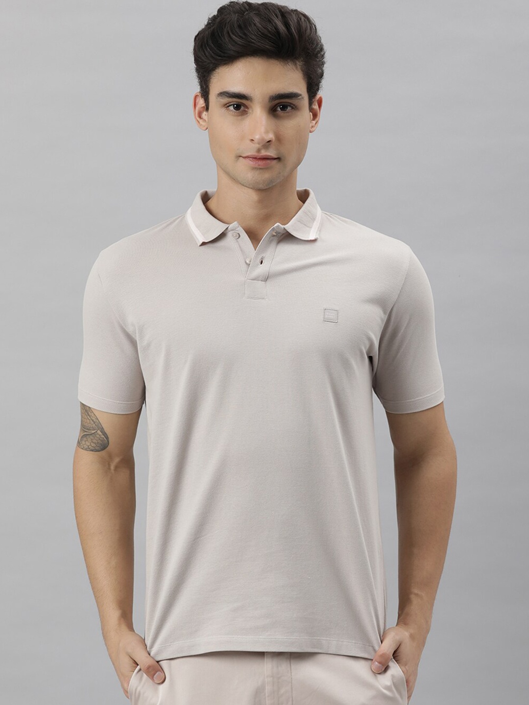 

RARE RABBIT Men Rings-4 Slim Fit Solid Polo Collar T-Shirt, Beige