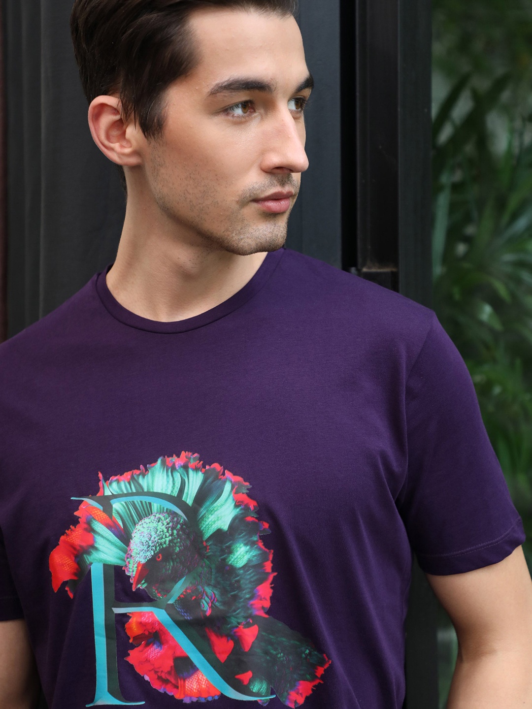 

RARE RABBIT Men Ciliva Slim Fit Printed Pure Cotton T-Shirt, Purple