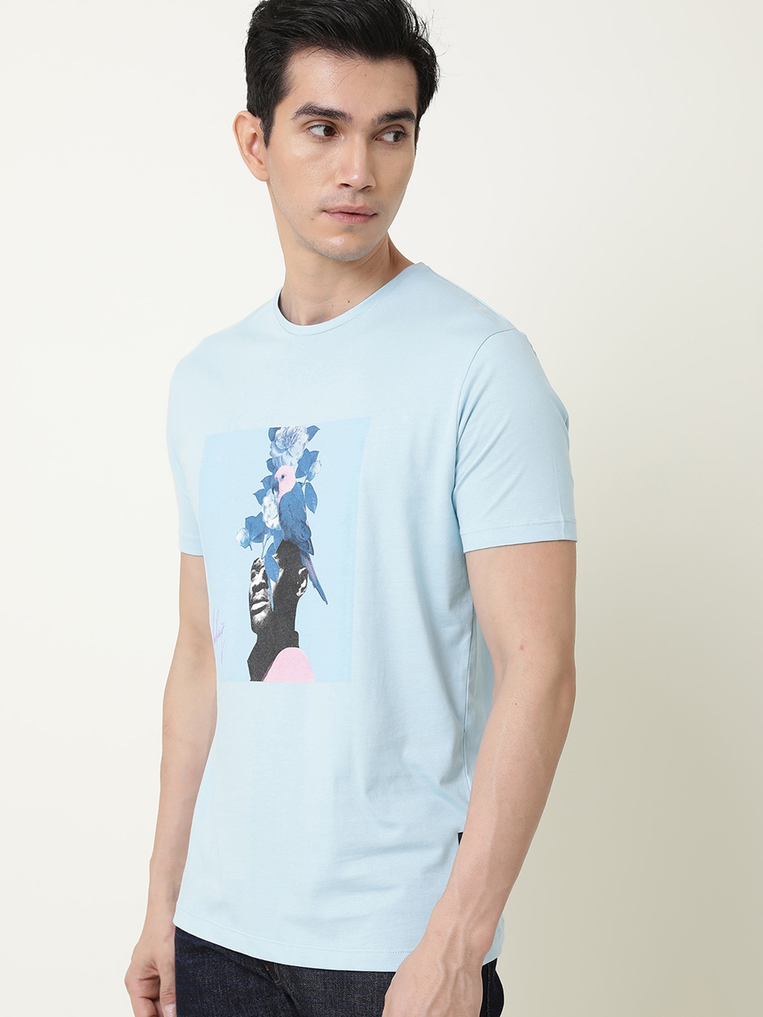 

RARE RABBIT Men Face Slim Fit Printed Pure Cotton T-Shirt, Blue
