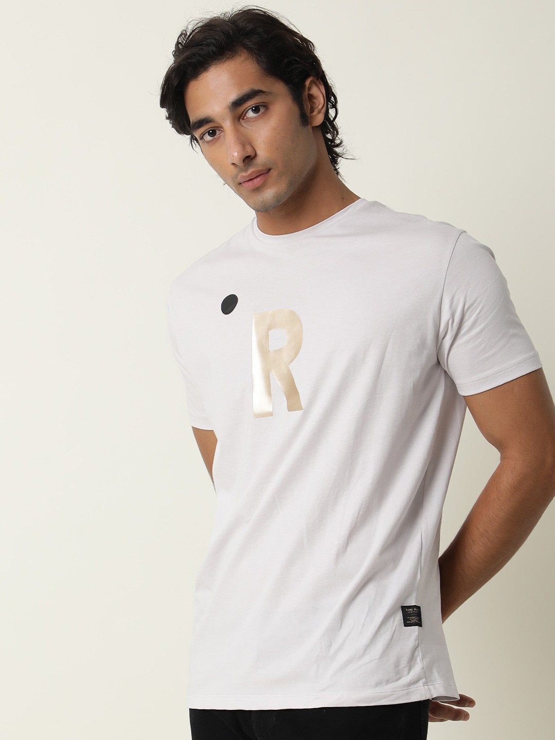 

RARE RABBIT Men Marion Typography Printed Pure Cotton Slim Fit T-Shirt, Cream