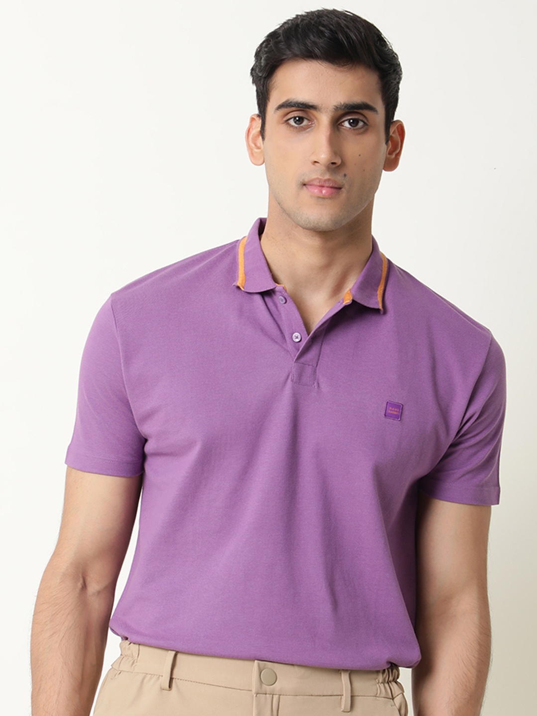 

RARE RABBIT Men Purple Polo Collar Pure Cotton Slim Fit T-shirt