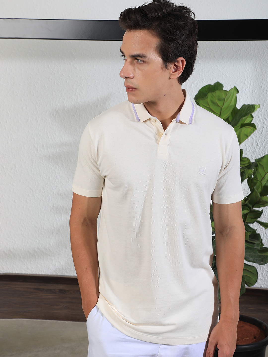 

RARE RABBIT Men Off White Polo Collar Pure Cotton Slim Fit T-shirt