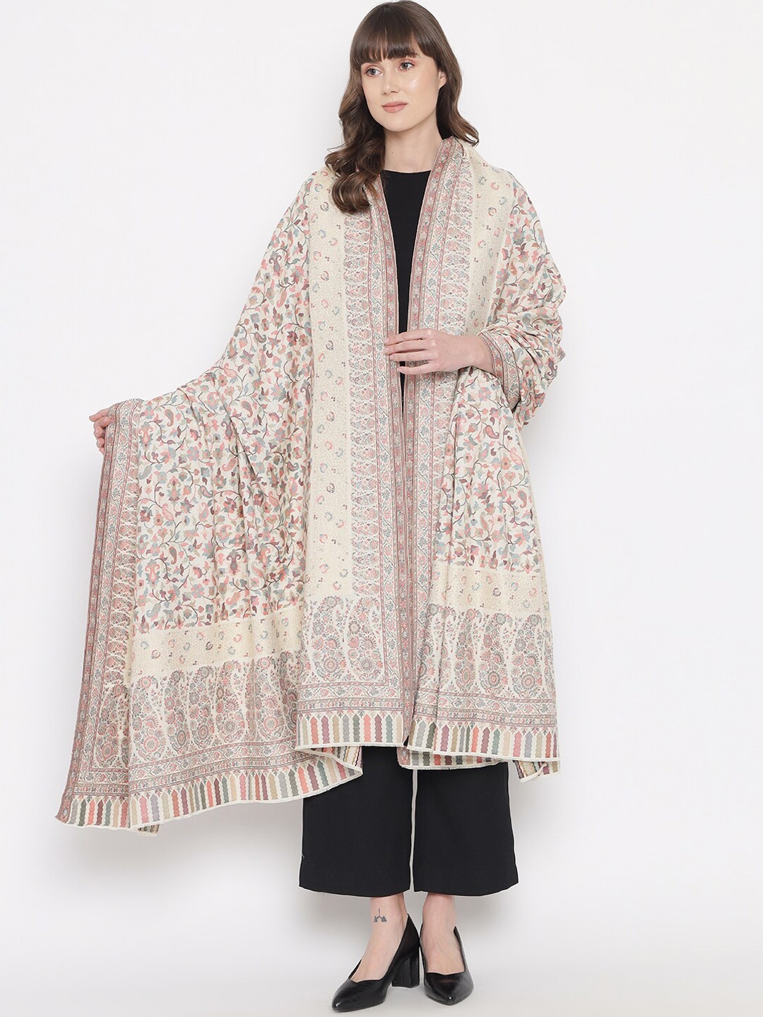 

Pashtush Women White & Pink Printed Woolen Shawl