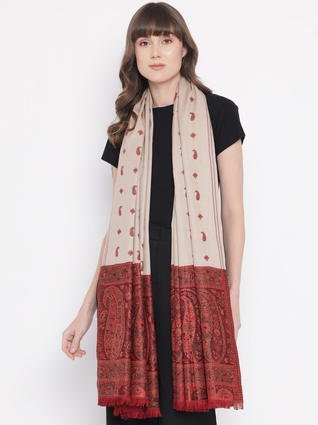 

Pashtush Women Beige & Red Printed Woolen Shawl