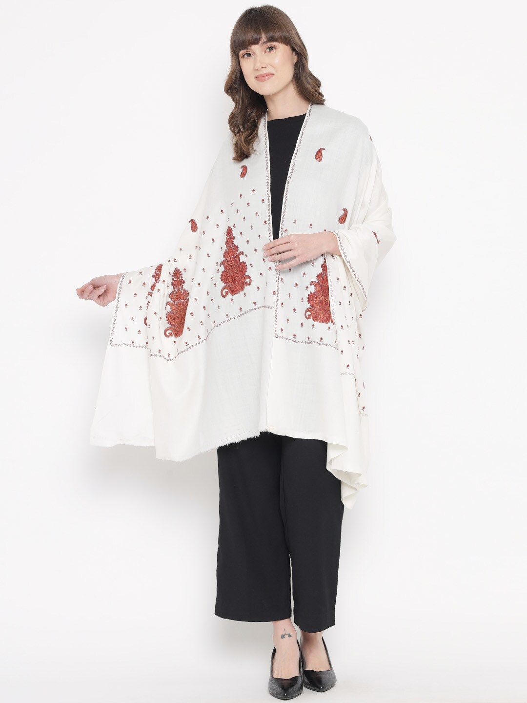 

Pashtush Women White & Red Embroidered Woolen Shawl