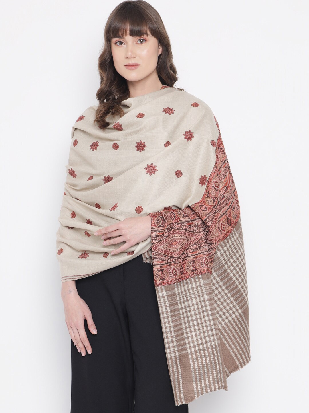 

Pashtush Women Beige & Brown Embroidered Woolen Shawl
