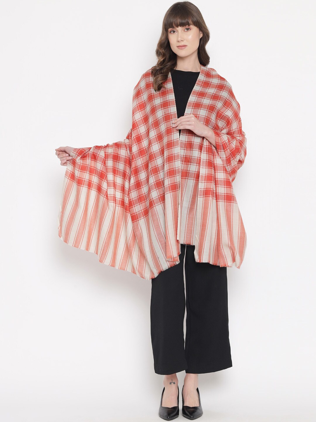 

Pashtush Women Red & White Checked Woven-Design Wool Shawl