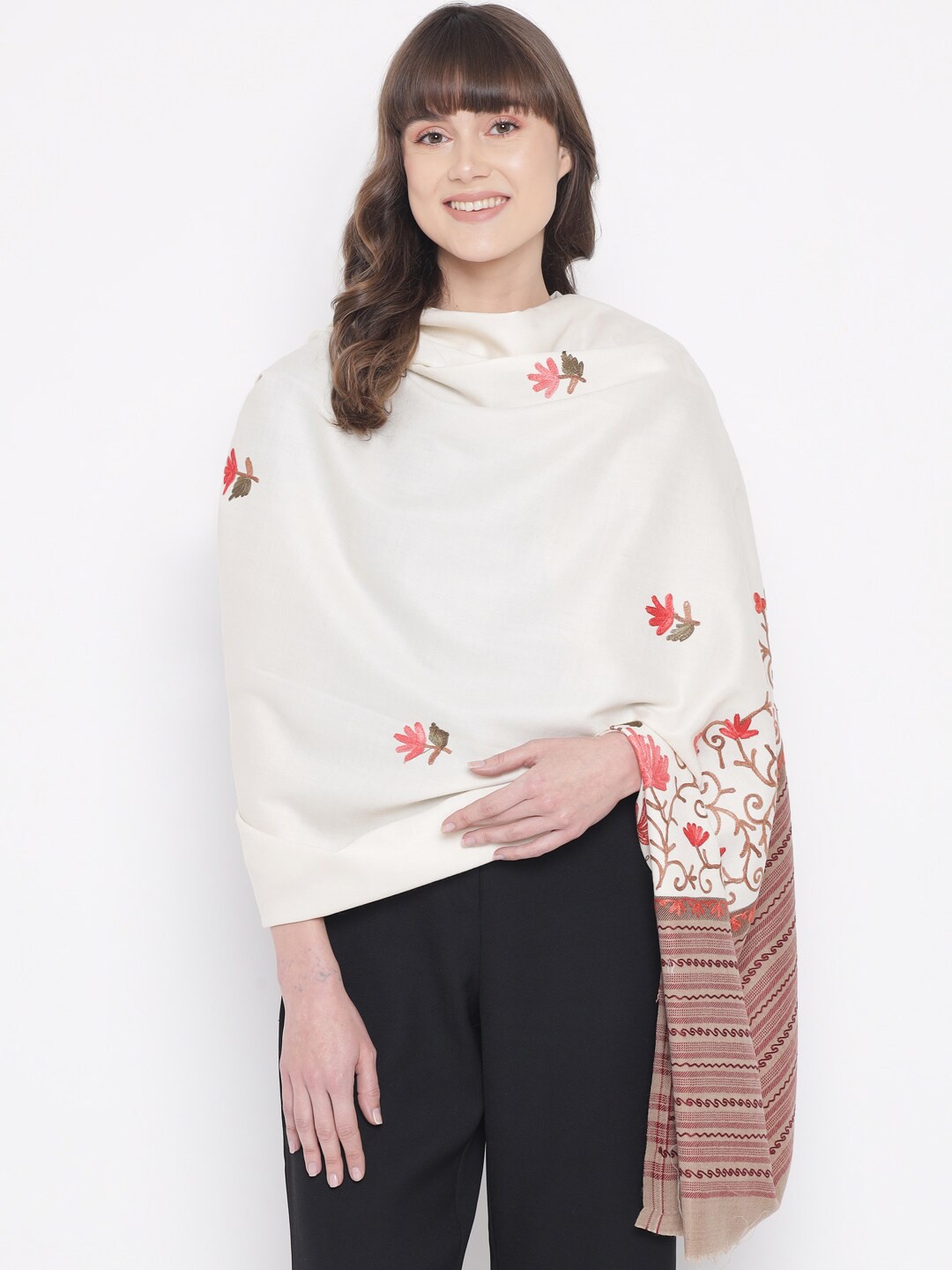 

Pashtush Women Off White Woven Design & Embroidered Shawl