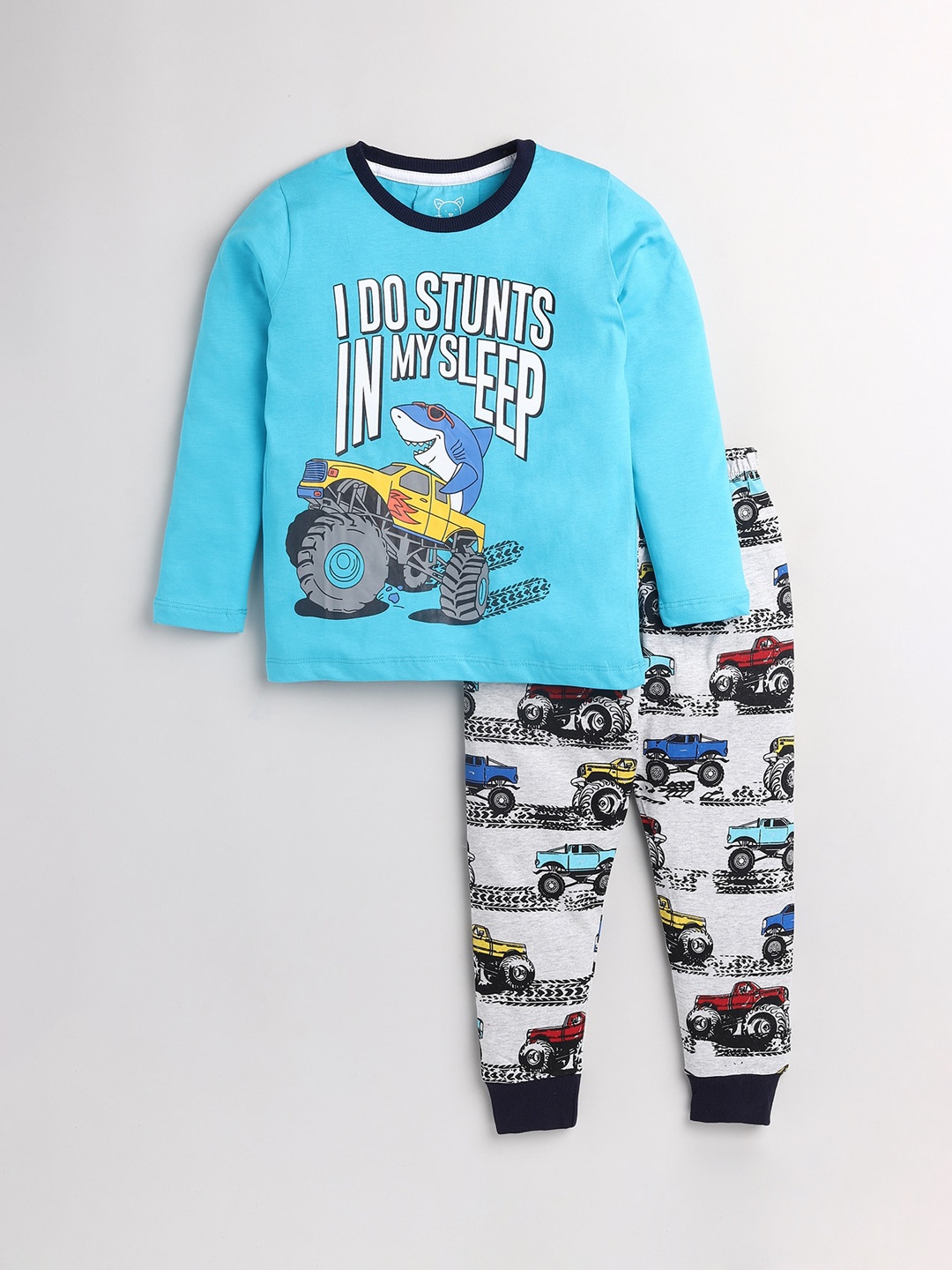 

Lazy Shark Boys Turquoise Blue & Grey Printed Cotton Night suit