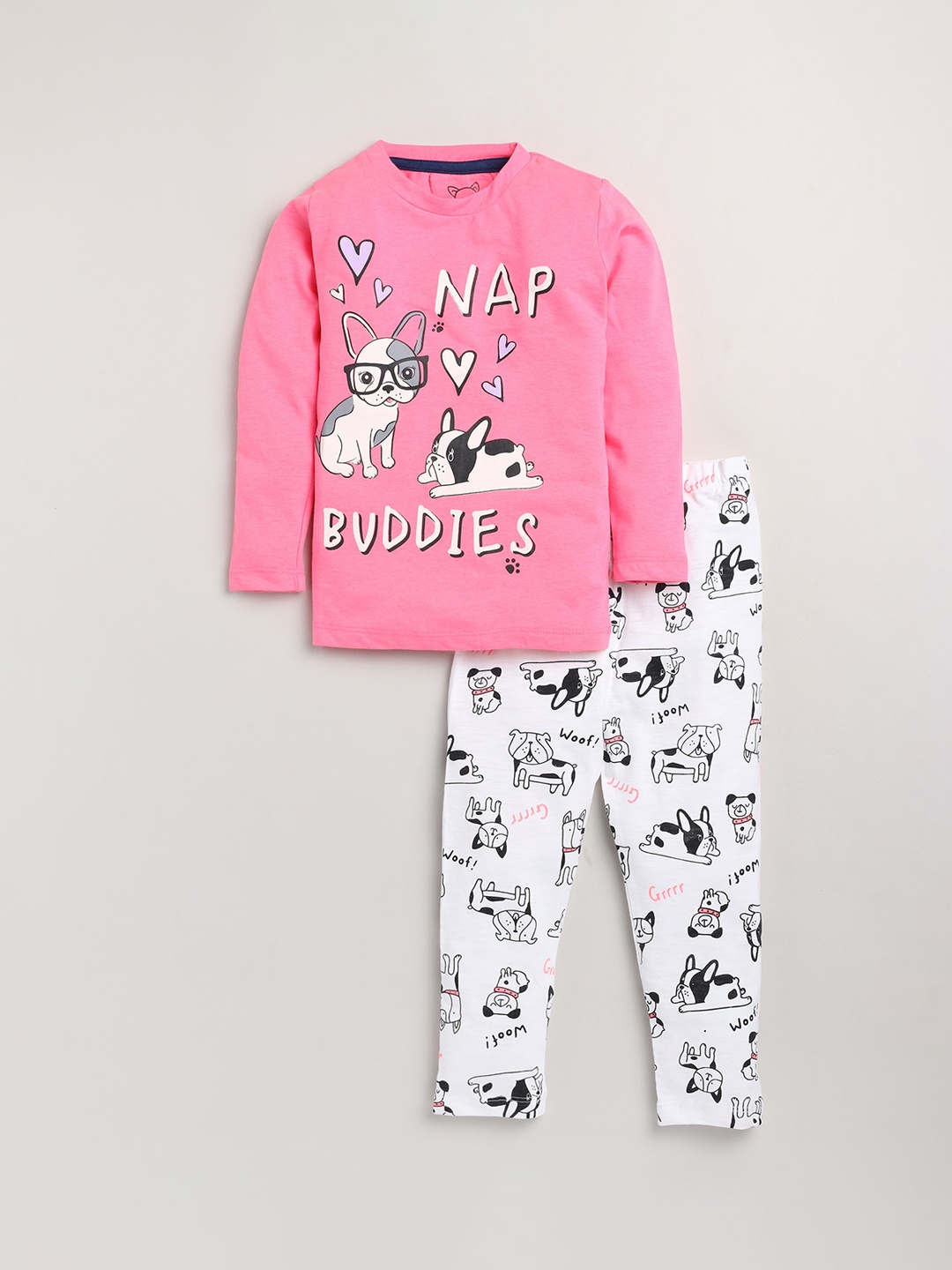 

Lazy Shark Girls Pink & White Printed Night suit