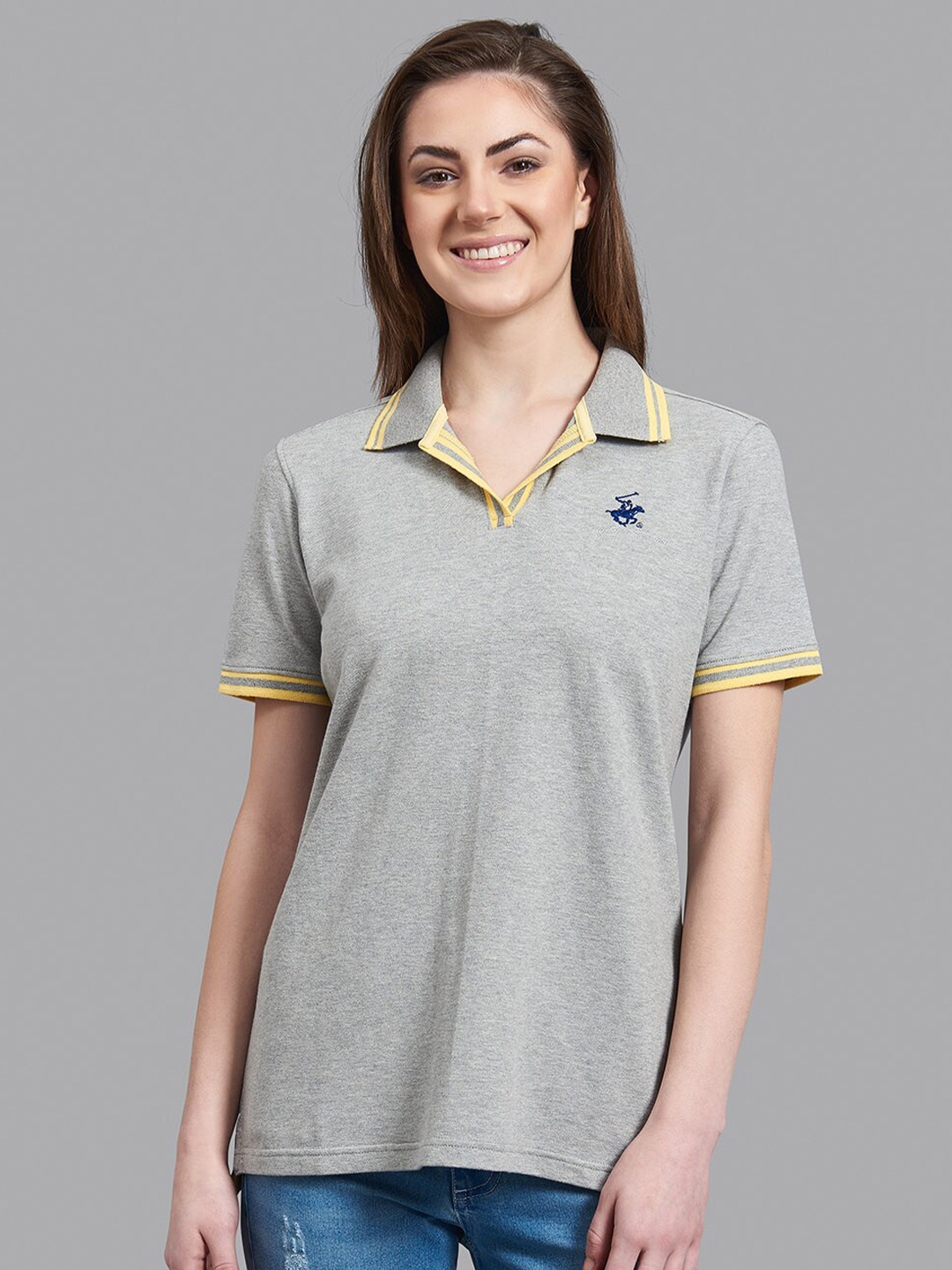 

Beverly Hills Polo Club Women Grey Polo Collar Applique T-shirt