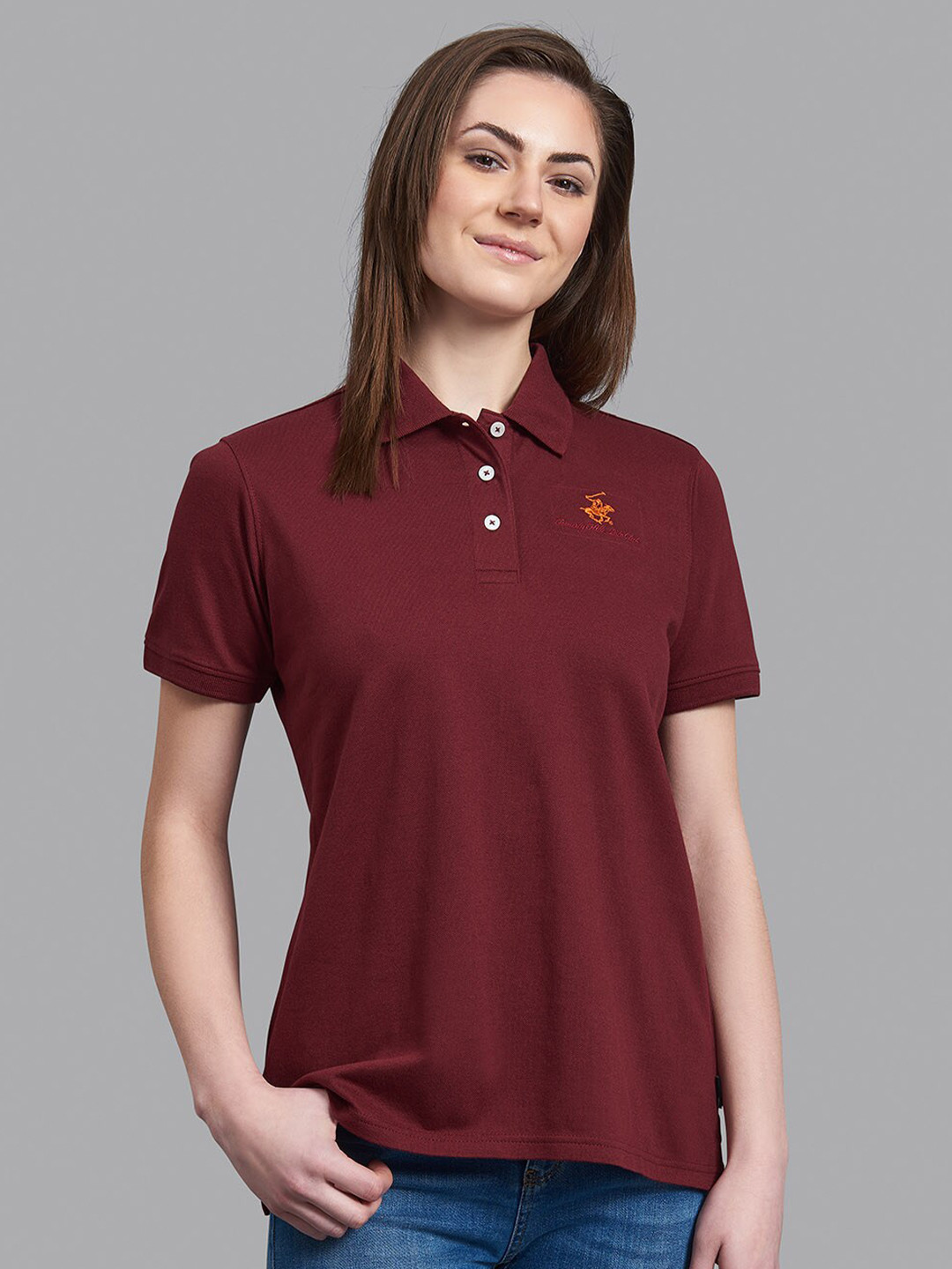 

Beverly Hills Polo Club Women Maroon Polo Collar T-shirt