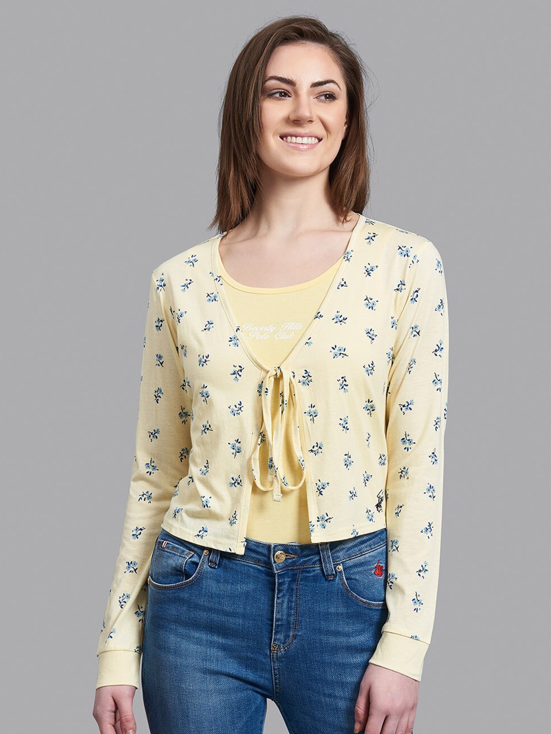 

Beverly Hills Polo Club Women Yellow & Blue Floral Printed Cardigan