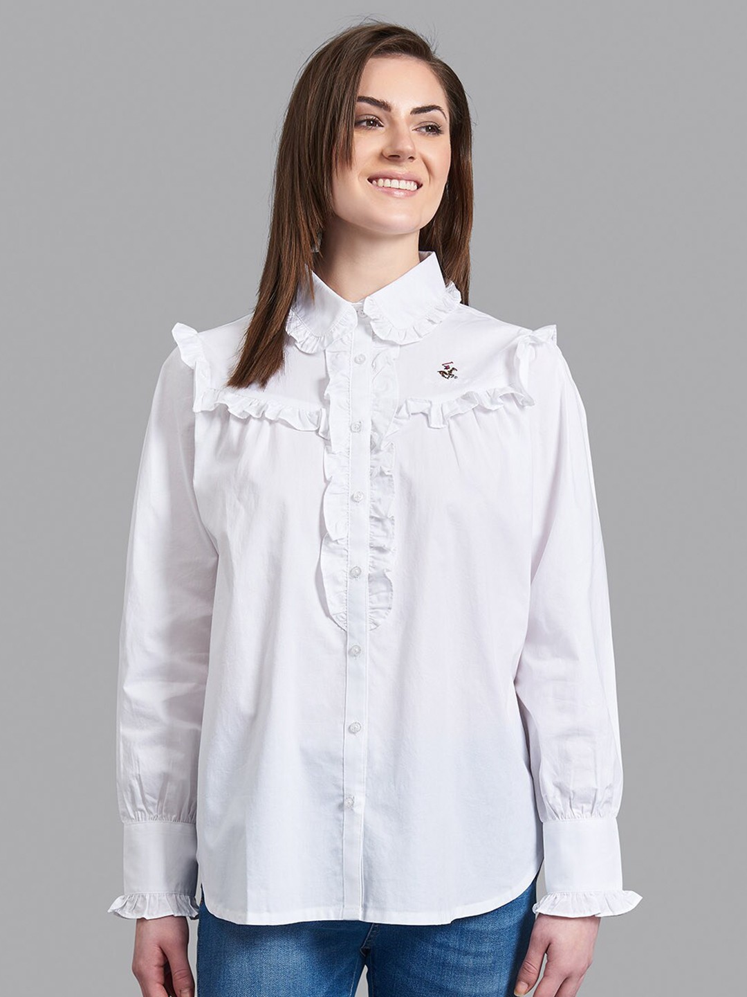 

Beverly Hills Polo Club Women White Regular Fit Casual Shirt With Ruffle Detail
