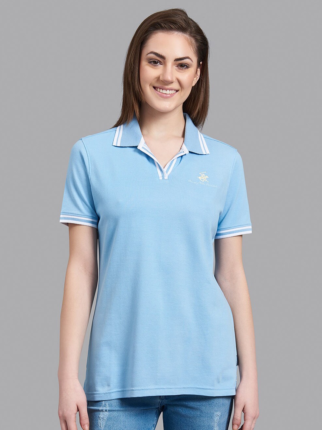 

Beverly Hills Polo Club Women Blue & White Polo Collar Applique T-shirt