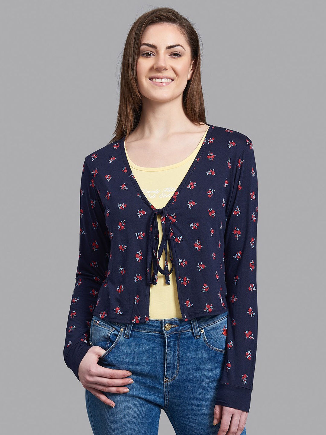 

Beverly Hills Polo Club Women Navy Blue & Red Floral Printed Crop Tie-Up Shrug