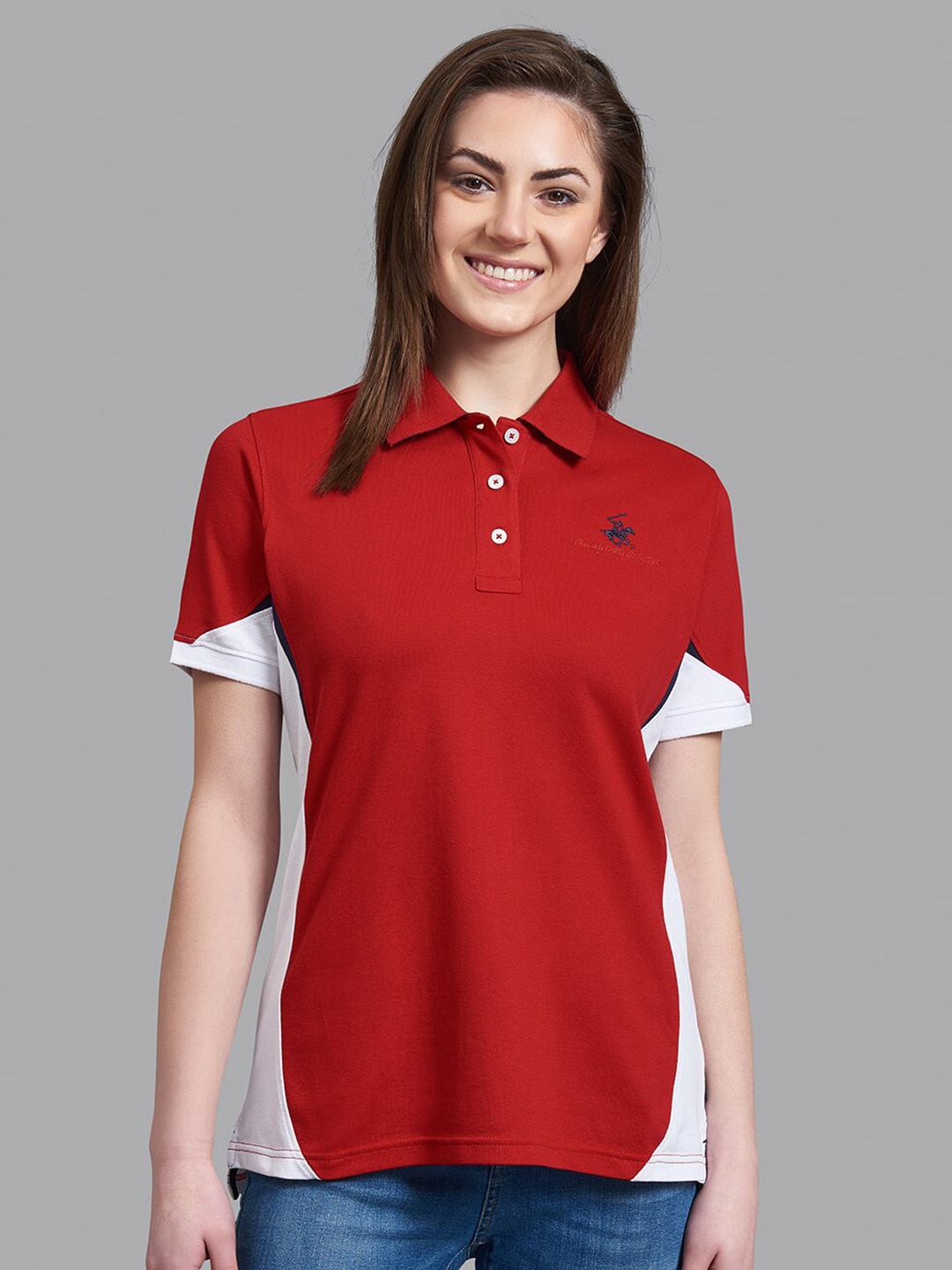 

Beverly Hills Polo Club Women Red & White Colourblocked Polo Collar T-shirt