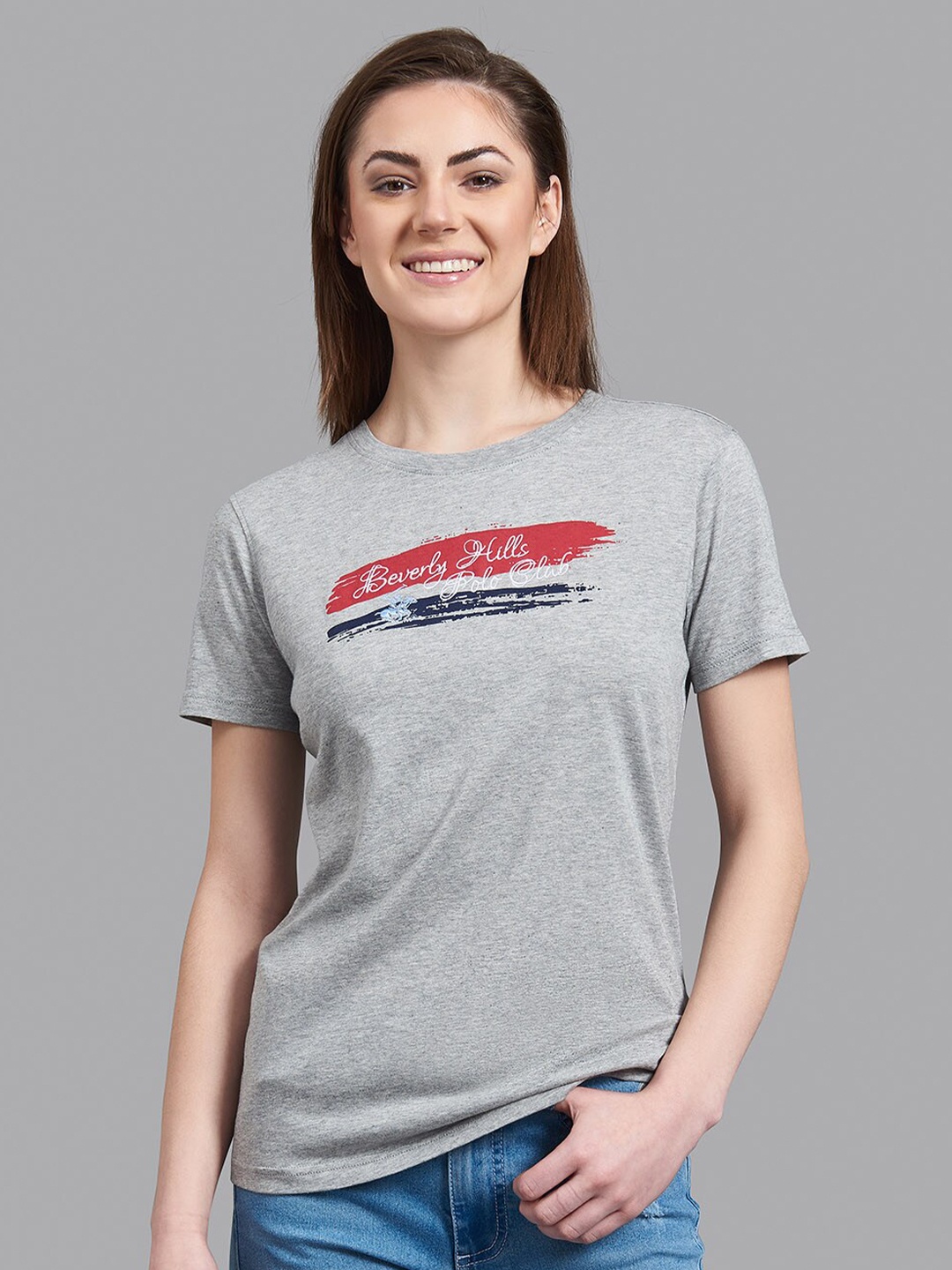 

Beverly Hills Polo Club Women Grey Typography Printed Regular Fit T-shirt