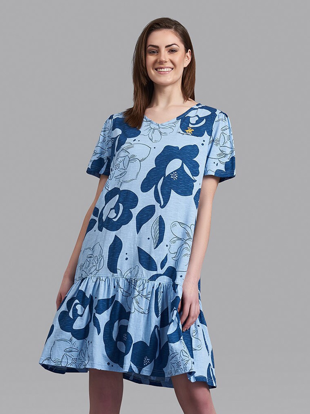 

Beverly Hills Polo Club Blue Floral Printed A-Line Dress