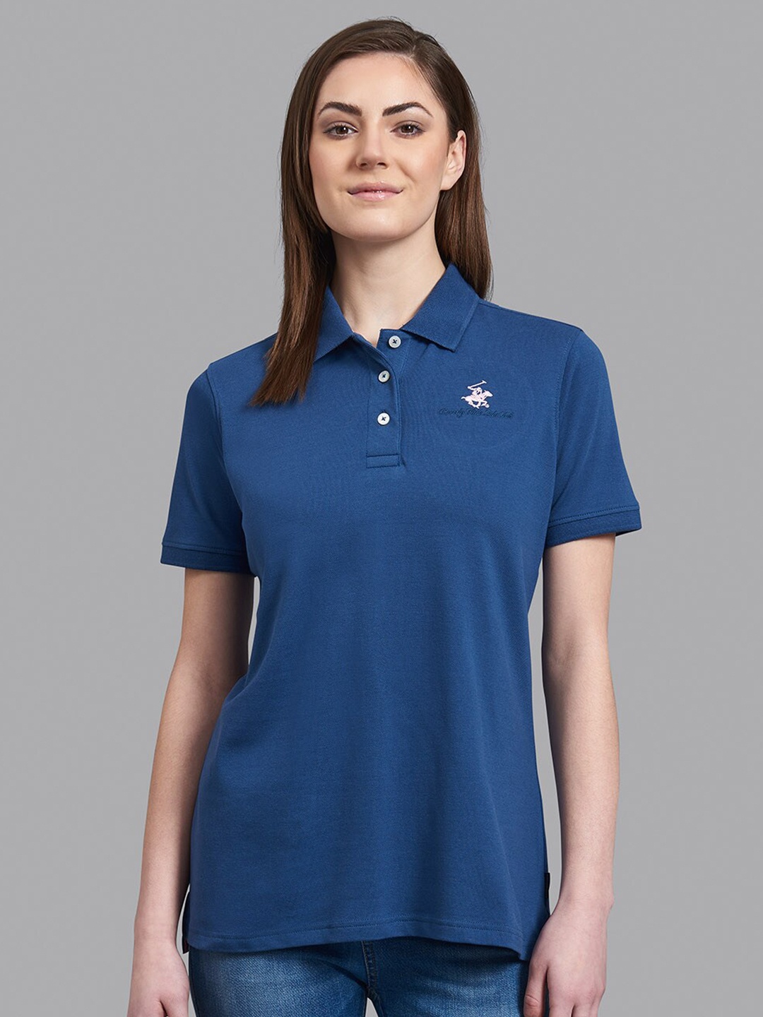 

Beverly Hills Polo Club Women Blue Polo Collar Applique T-shirt